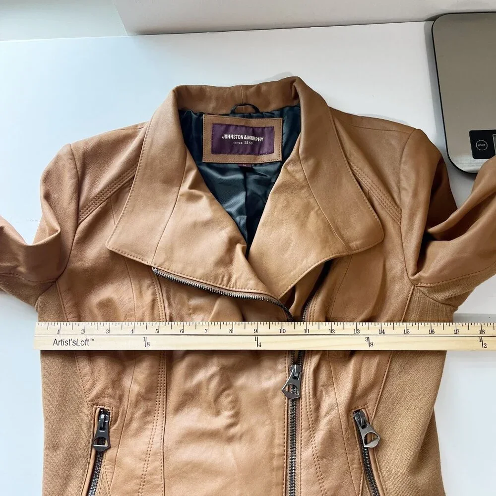 Johnston &‎ Murphy Women's Brown Leather Moto Jacket Rib Contrast - Size Medium